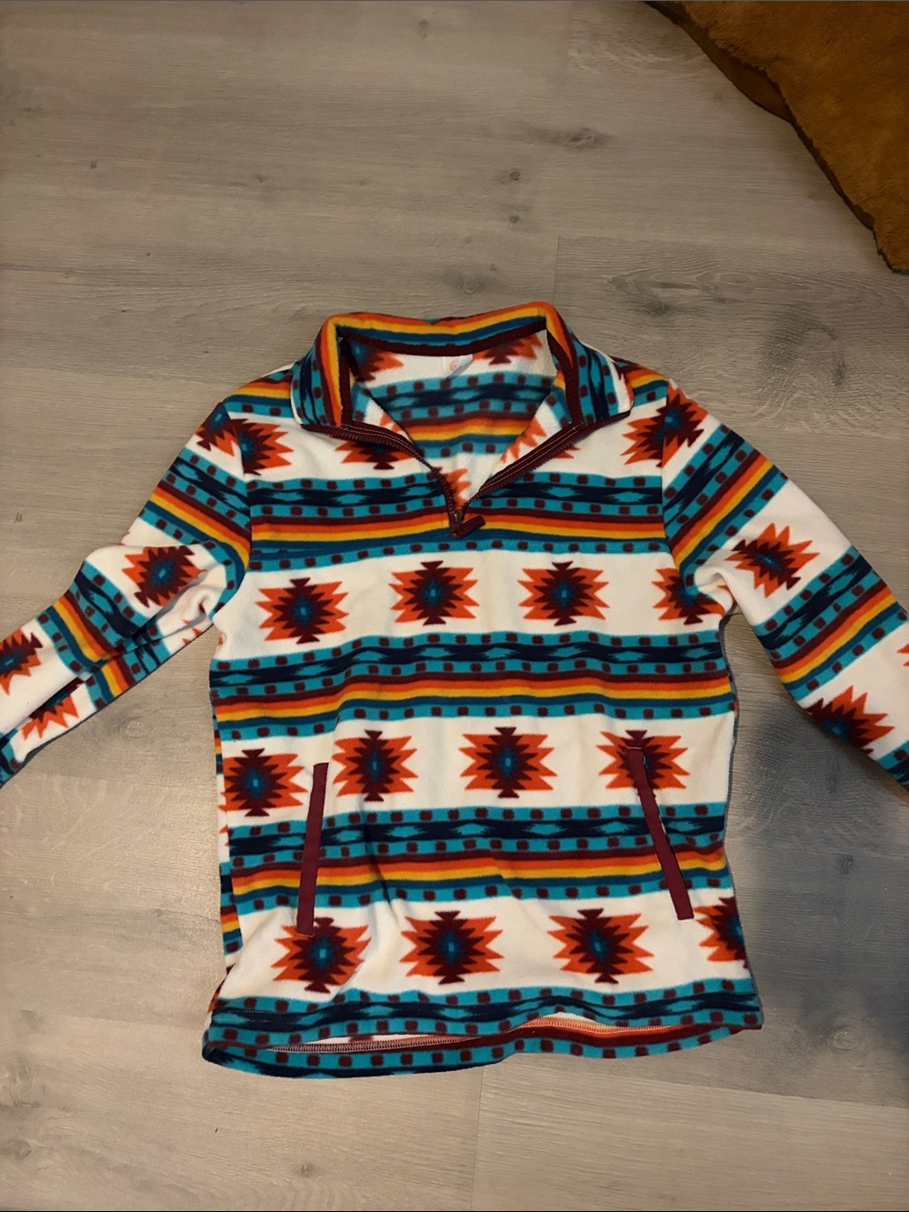 wonder nation Rainbow Southwestern Fleece Pullover - White, Teal, Rust, Yellow